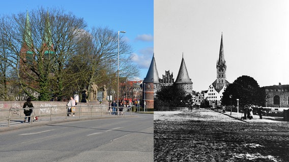 Eine Vergleichsaufnahme von Lübeck, früher und heute. © NDR/Fotoarchiv Lübeck Foto: Katrin Bohlmann/Fotoarchiv Lübeck