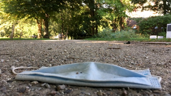 Ein getragener Mundschutz liegt auf einem Weg in einem Park. © NDR Foto: Arne Helms