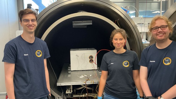 Studierende stehen vor einem Messgerät zum Messen der galaktischen kosmischen Strahlung. © NDR Foto: Sofia Tchernomordik