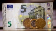 Ein 5-Euro-Schein steht hinter aufgestellten Münzen. © NDR Foto: Maja Bahtijarevic