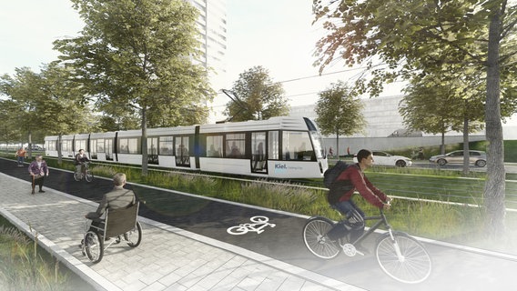 Computerzeichnungen zeigt ein geplantes Stadtbahn-Szenario. © Ramboll Studio Dreiseitl 