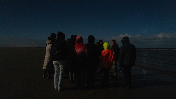 Eine Gruppe steht bei Nacht an einem STrand. © NDR Foto: Lisa Pandelaki
