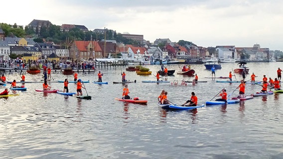 Menschen auf SUP-Boards bilden ein Herz auf dem Wasser im Flensburger Hafen beim NDR Sommer Festival. © NDR Foto: Peer-Axel Kroeske
