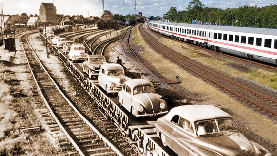 Eine Collage vom Bahnhof in Niebuell vor mehreren Jahrzehnten und heute. © Verein für Niebüller Geschichte e.V./NDR Foto: Verein für Niebüller Geschichte e.V./Lukas Knauer