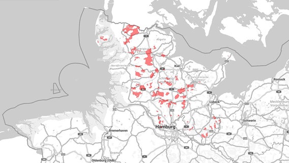 Eine Karte von SH zeigt Nitrat belastete Gebiete. © https://danord.gdi-sh.de  DigitalerAtlasNord 