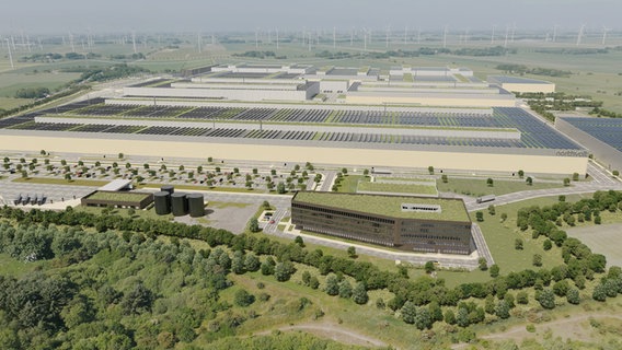 Ein computergeneriertes Bild zeigt die künftige Batteriefabrik von Northvolt bei Heide aus der Vogelperspektive. © Northvolt 