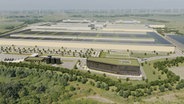 Ein computergeneriertes Bild zeigt die künftige Batteriefabrik von Northvolt bei Heide aus der Vogelperspektive. © Northvolt 