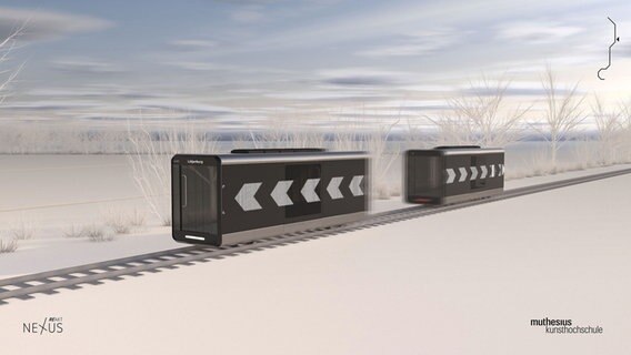 Eine Computeranimation zeigt zwei Wagen auf Schienen die sich voneinander entfernen. © Muthesius Kunsthoschschule Foto: Muthesius Kunsthoschschule