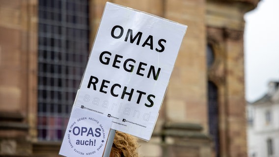 Auf einem Protestschild steht "Omas gegen Rechts". © picture alliance/dpa Foto: Lars Penning