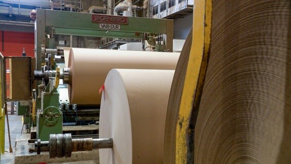 Papierrollen rollen in der Produktionshalle eine Papierfabrik in Tornesch. © NDR 