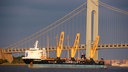 Das Dockschiff Combi Dock III schwimmt mit dem Museumsschiffs Peking an Bord im Hafen von New York vor der Verrazano-Narrows-Brücke auf dem Weg gen Hamburg. © DPA-Bildfunk Fotograf: Christina Horsten