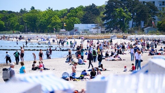 Zahlreiche Strandbesucher genießen die Sonne an der Ostsee am Strand in Timmendorfer Strand. © dpa-Bildfunk Foto: Jonas Walzberg