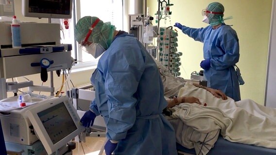 Zwei Ärzte behandeln einen Patienten, der in einem Intensivbett liegt. © NDR 