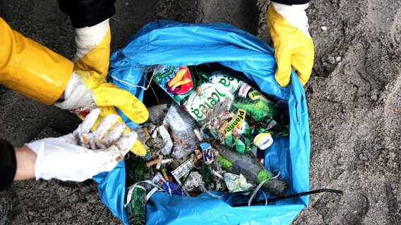 Vier behandschuhte Hände halten einen mit Plastikmüll gefüllten Müllsack. © dpa Foto: Bernd Wüstneck