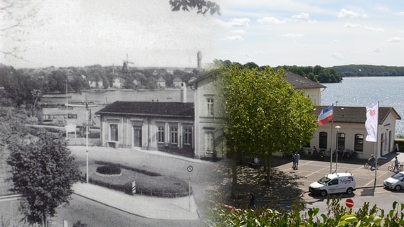 Eine Collage Bahnhof in Plön vor mehreren Jahrzehnten und heute. © Sammlung Familie Wiederich/NDR Foto: Sammlung Familie Wiederich/Anne Passow