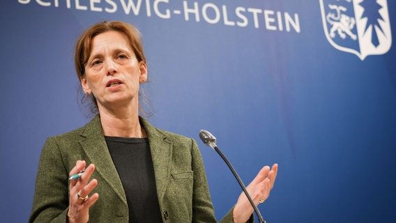 Karin Prien spricht im Foyer des Landeshauses in Kiel. © dpa-Bildfunk Foto: Christian Charisius