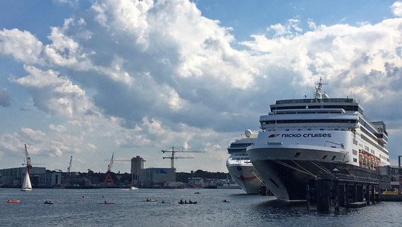 Umweltaktivisten sind im Kieler Hafen mit Booten vor großen Kreuzfahrtschiffen im Rahmen einer Protestaktion unterwegs. © NDR Foto: Sofia Tchernomordik