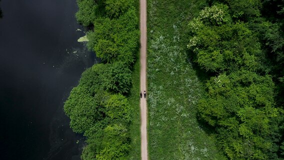 Neben dem Nord-Ostsee-Kanal fahren zwei Radfahrer entlang. © NDR Foto: Dominik Dührsen