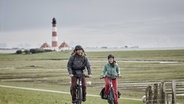 Zwei Menschen fahren mit dem Fahrrad durch eine idyllische Landschaft und im Hintergrund ist ein Leuchtturm zu sehen. © Imago Images / Westend61 Foto: Westend61