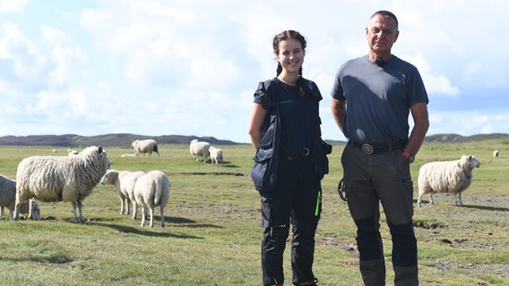 Eine Frau und ein Mann posieren auf Sylt vor der Kamera, im Hintergrund sind Schafe zu sehen. © NDR Foto: Jörn Zahlmann