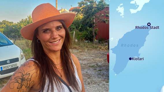 Bildcollage einer Frau auf Rhodos und einem Kartenausschnitt der Insel. © NDR 