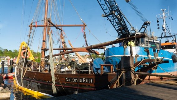 Das im Flensburger Museumshafen gesunkene historische Segelboot "Na Rovie Rust" wird aus dem Wasser geborgen. © NDR Foto: Anne Lemo
