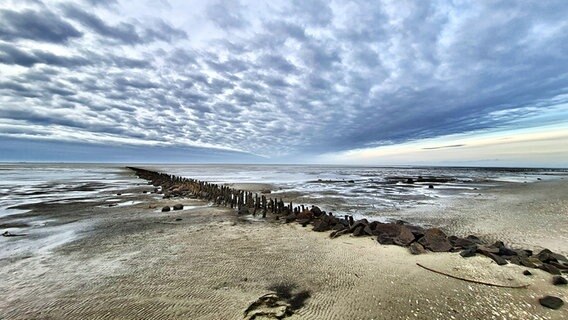 Der Sandstrand von Stufhusen bei Westerhever, darüber eine große Wolkenwand. © Michaela Peter Foto: Michaela Peter