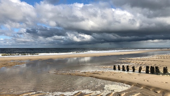 Es hängen dunkle Wolken am Himmel über dem Meer und auf dem Sandstrand haben sich Pfützen gebildet. © Cornelia Göricke-Penquitt Foto: Cornelia Göricke-Penquitt