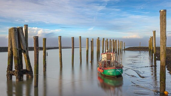 Ein einsames Boot liegt am Hafen von Schlüttsiel im Wasser © Peter Kuhr Foto: Peter Kuhr