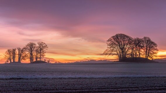Ein Schnee bedecktes Feld im Vordergrund. Am Horizont ein Sonnenuntergang hinter zwei Hügel mit Bäumen. © Jens Kube Foto: Jens Kube