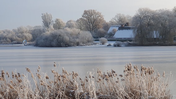 Ein gefrorener See mit Schilfgras im Vordergrund und einer Fischerkate am anderen Ufer. © Heike Norda Foto: Heike Norda