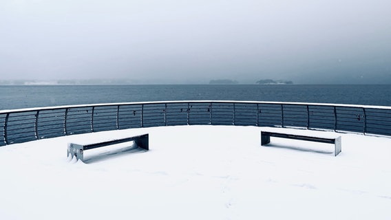 Zwei Bänke bedeckt mit Schnee, auf einer Strandpromenadenplattform mit Blick auf das Meer. © Wolfgang Feil Foto: Wolfgang Feil