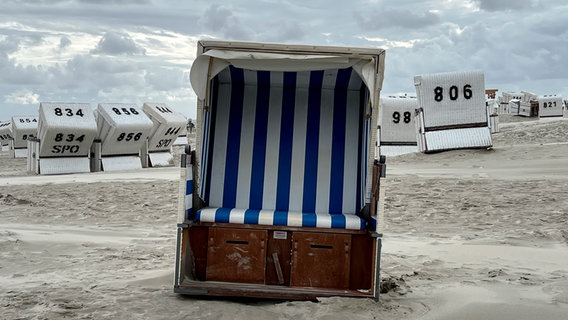 Strandkörbe stehen bei bedecktem Himmel am Strand von Sankt Peter-Ording. © Renate Seeck Foto: Renate Seeck