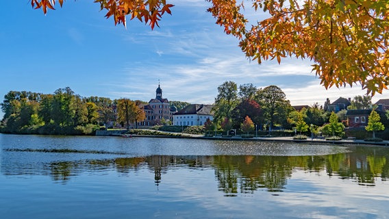 Das Eutiner Schloss mit Herbstlaub im Vordergrund. © Britta Hillewerth Foto: Britta Hillewerth