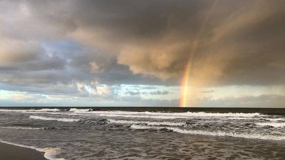 Vom Westerländer Strand auf Sylt aus ist ein Regenbogen über der Nordsee zu sehen. © Cornelia Göricke-Penquitt Foto: Cornelia Göricke-Penquitt
