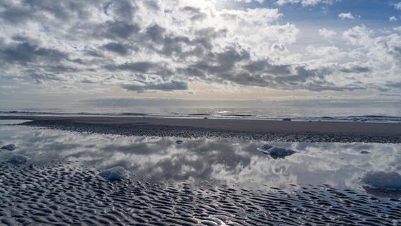 Am Strand spiegelt das Wasser das Wolkenspiel, welches sich in den Lüften abspielt. © Britta Hillewerth Foto: Britta Hillewerth
