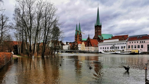 Ein Gehweg ist von der Untertrave überflutet, im Hintergrund ist die Stadt Lübeck zu sehen. © Nicole Rankovic Foto: Nicole Rankovic