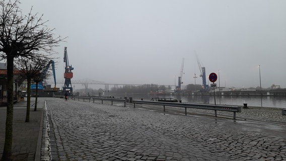 Nebelschwaden umhüllen die Kräne des Rendsburger Kreishafens. © Marita Volkmann Foto: Marita Volkmann