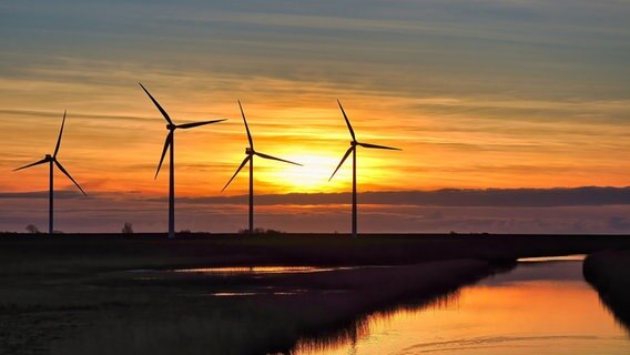 Sonnenuntergang über der Nordsee hinter mehreren Windrädern. © Claus Carstens Foto: Claus Carstens