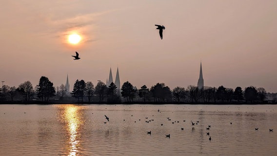 Abendsonne über Lübeck mit Kirchtürmen in der Ferne. © Tim Graf Foto: Tim Graf