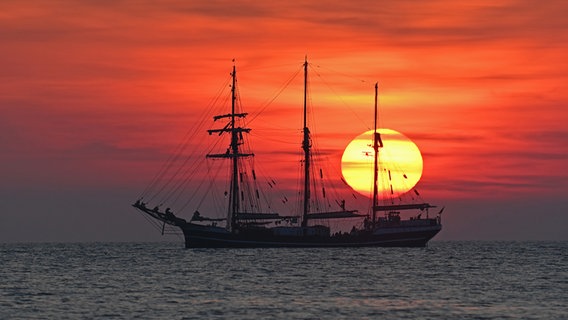 Das Segelschiff "Thor Heyerdahl" vor der untergehenden Sonne. © Jörg Bochnik Foto: Jörg Bochnik