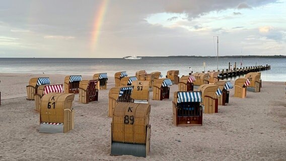 Strandkörbe am Strand von Travemünde, am Himmel ist ein Regenbogen zu sehen. © Sabine Schöne Foto: Sabine Schöne