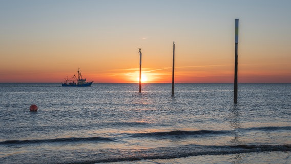 Ein Fischkutter gleitet bei Sonnenuntergang über das Wasser. © Mirko Fleitmann Foto: Mirko Fleitmann