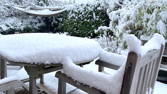 Schneebedeckte Gartenmöbel © NDR Foto: Andrea Schmidt