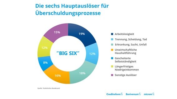 Eine Grafik zeigt die sechs Hauptauslöser für Überschuldungsprozesse. Eine Grafik zeigt die sechs Hauptauslöser für Überschuldungsprozesse. © Statistisches Bundesamt