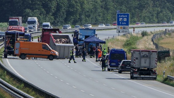 Auf einer gesperrten Autobahn wird ein umgekippter Schweinelaster geborgen. © Daniel Friederichs 