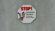 Ein achteckiges Schild warnt mit der aufschrift: STOP! Schweinebestand. Fü+r Unbefugte Betreten verboten. © imago images Foto: blickwinkel