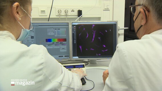 Zwei Forscher beobachten Messergebnisse auf zwei Monitoren. © NDR 