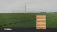 Ein Holzklotz steht vor einer grünen Wiese mit Windrädern. © NDR 
