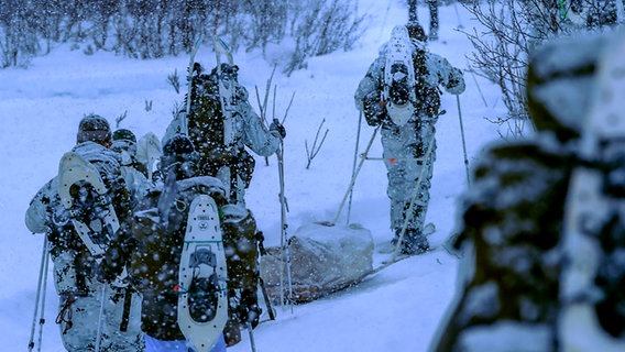 Eine Soldatengruppe des Seebataillon kämpft sich auf Skiern durch den Schnee. © Presse- und Informationszentrum Marine Foto: Presse- und Informationszentrum Marine